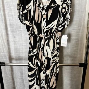 Time and Tru Black and Cream Leaf-Print Midi Dress